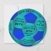 Modern Blue Text Soccer Ball Birthday Invitation  セーブザデート (正面)
