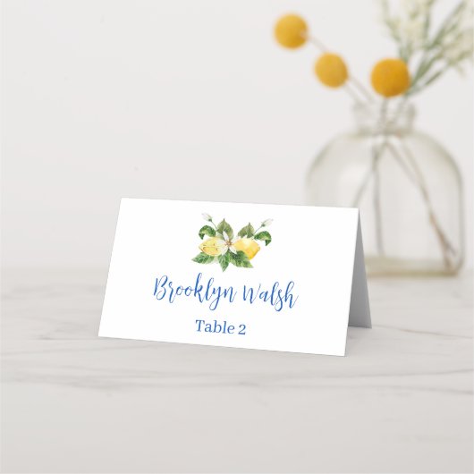 Modern Blue Tile Lemon Bridal Shower Place Card プレイスカード (正面)
