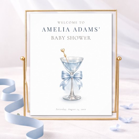 Modern Blue Tini Bow One Boy Baby Shower Welcome ポスター