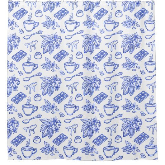 Modern Blue Toile Cacao and Chocolate Pattern シャワーカーテン (正面)