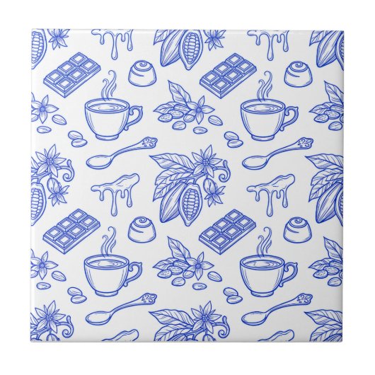 Modern Blue Toile Cacao and Chocolate Pattern タイル (正面)