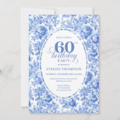 Modern Blue Toile Roses 60th Birthday Invite Digit 招待状 (正面)