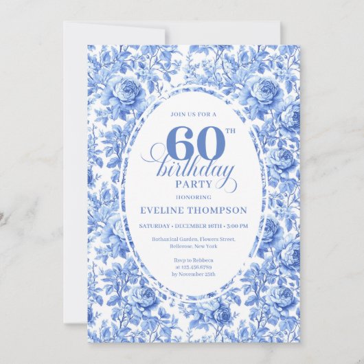 Modern Blue Toile Roses 60th Birthday Invite Digit 招待状 (正面)