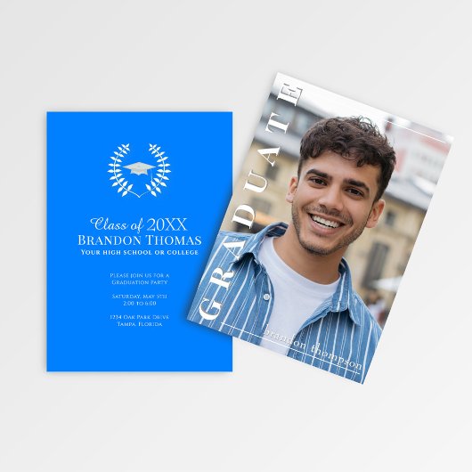 Modern Blue Vertical Name Graduation Photo Card 招待状