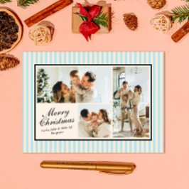 Modern Blue Vertical Stripe 3 Photo Christmas シーズンカード