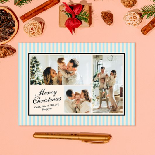 Modern Blue Vertical Stripe 3 Photo Christmas シーズンカード