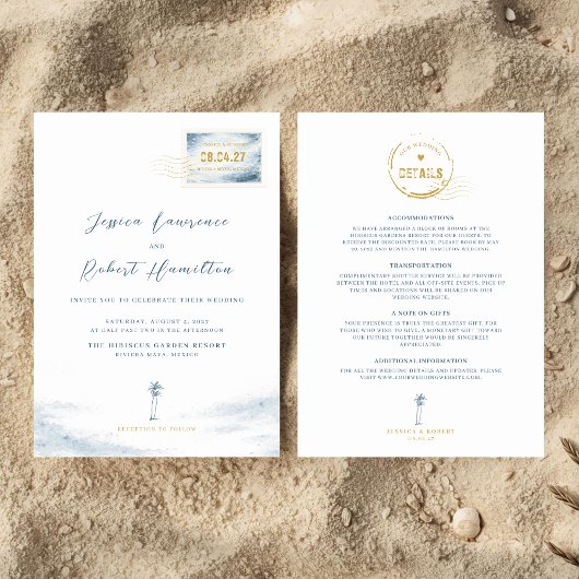 Modern Blue Watercolor Stamp Wedding Invitation 招待状