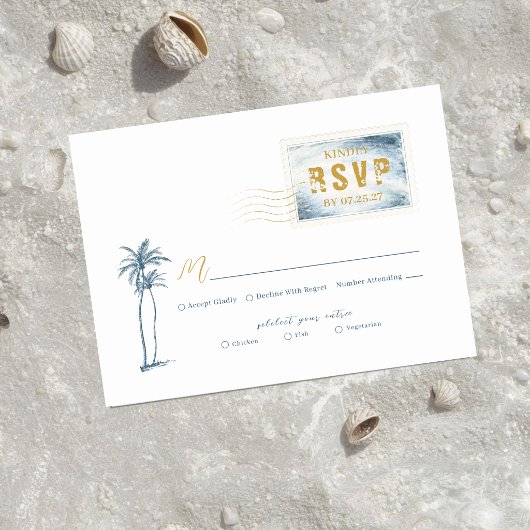 Modern Blue Watercolor Stamp Wedding RSVP エンクロージャーカード