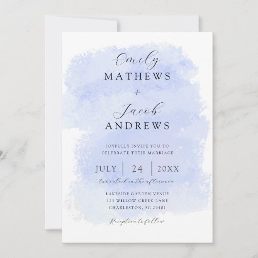 Modern Blue Watercolor Texture Wedding 招待状 (正面)