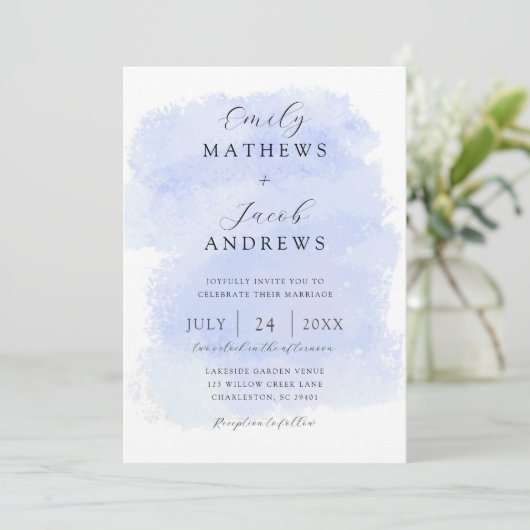 Modern Blue Watercolor Texture Wedding 招待状 (スタンド正面)