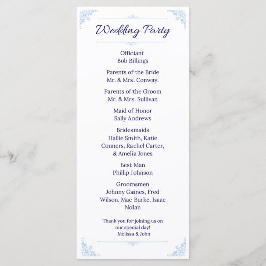 Modern Blue Wedding Program French Country プログラム (裏面)