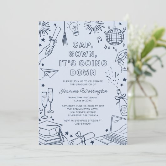 Modern Blue Whimsical Doodle Graduation 招待状 (スタンド正面)