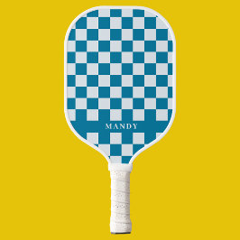Modern Blue & White Checkerboard Custom Name ピックルボールラケット