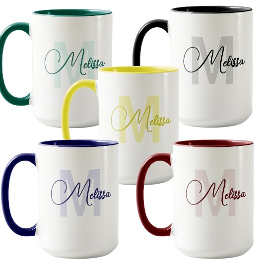 Modern Blue White Custom Name Cursive Monogram マグカップ