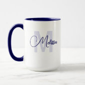 Modern Blue White Custom Name Cursive Monogram マグカップ (左)