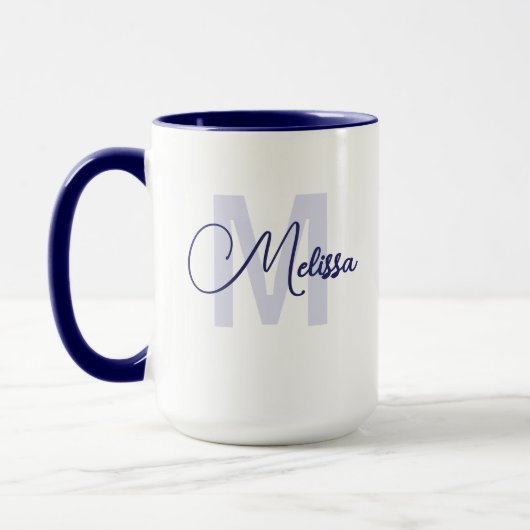 Modern Blue White Custom Name Cursive Monogram マグカップ (左)