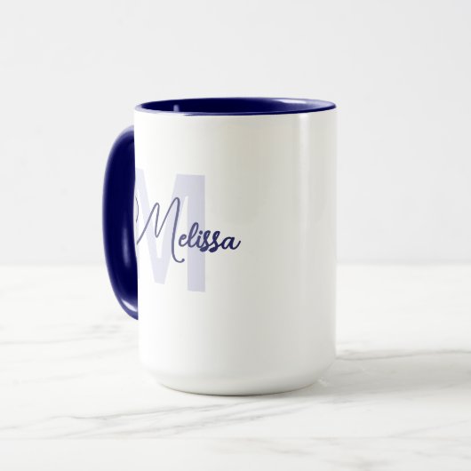 Modern Blue White Custom Name Cursive Monogram マグカップ (正面左)