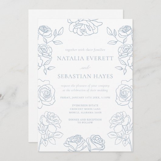 Modern Blue & White French Roses Wedding 招待状 (正面/裏面)