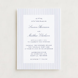 Modern Blue & White Pinstripe Wedding Invitation 招待状
