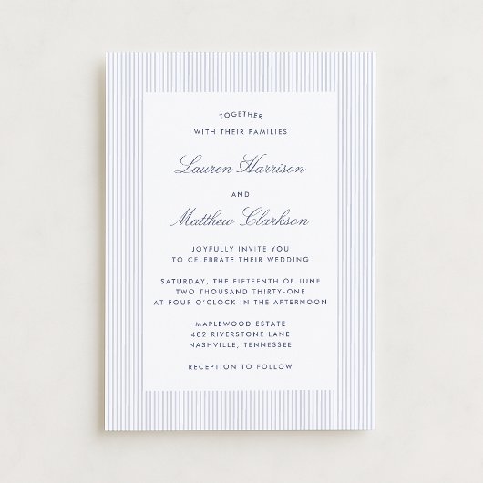 Modern Blue & White Pinstripe Wedding Invitation 招待状
