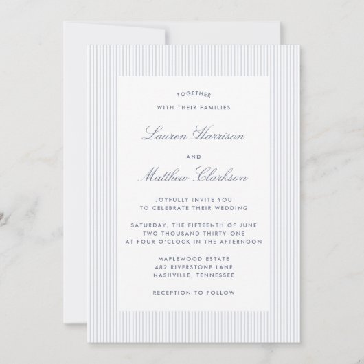 Modern Blue & White Pinstripe Wedding Invitation 招待状 (正面)