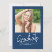 Modern Blue White Script Photo Graduation Party   招待状 (正面)