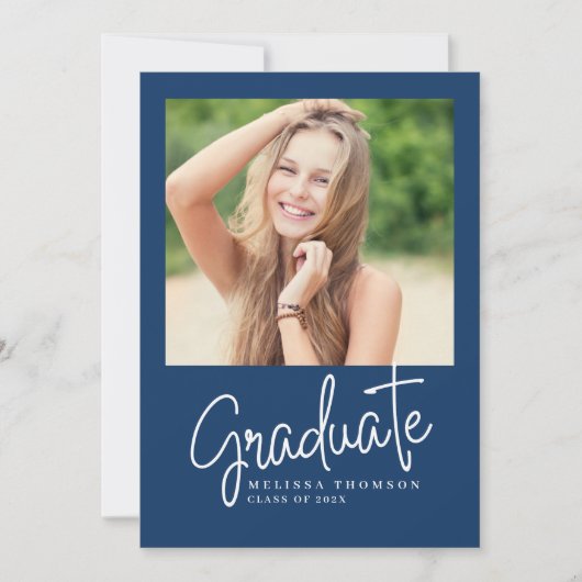 Modern Blue White Script Photo Graduation Party   招待状 (正面)