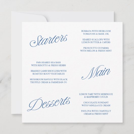 Modern Blue & White Script Wedding Menu Card 招待状 (裏面)