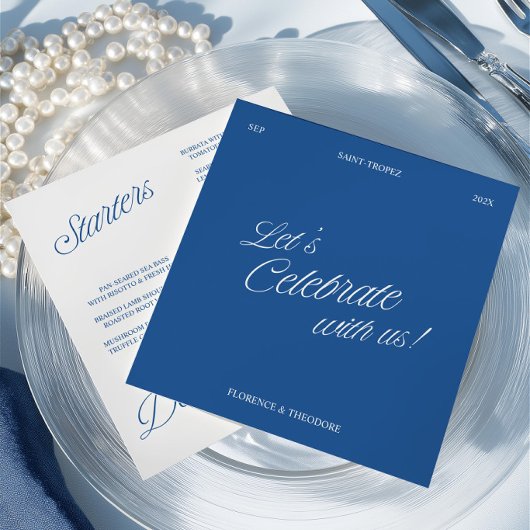 Modern Blue & White Script Wedding Menu Card 招待状