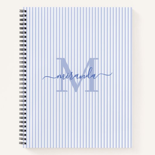 Modern Blue & White Stripes Monogram Name ノートブック (正面)