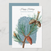 Modern Blue Winter Snow Pine Cone Christmas シーズンカード (正面/裏面)