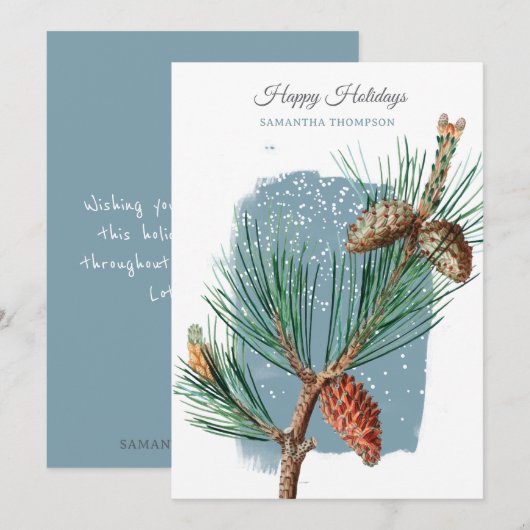 Modern Blue Winter Snow Pine Cone Christmas シーズンカード (正面/裏面)