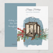 Modern Blue Winter Snow Pine Lantern Christmas シーズンカード (正面/裏面)