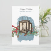 Modern Blue Winter Snow Pine Lantern Christmas シーズンカード (スタンド正面)