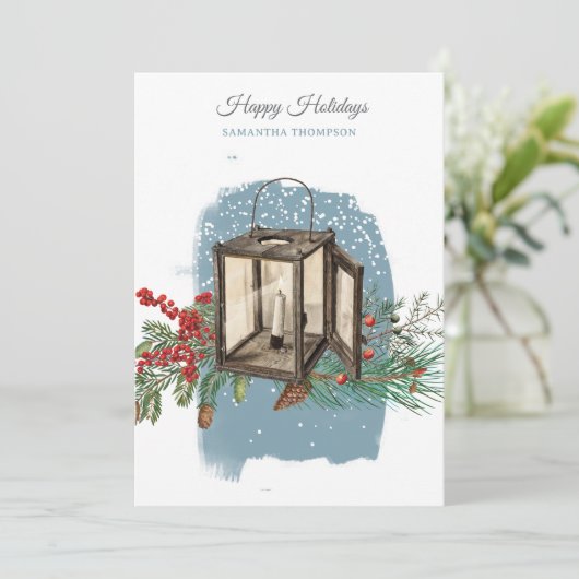 Modern Blue Winter Snow Pine Lantern Christmas シーズンカード (スタンド正面)