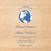 Modern Blue World Map Globe Wedding アクリル招待状 (正面)
