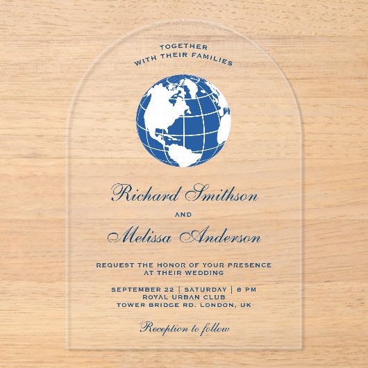Modern Blue World Map Globe Wedding アクリル招待状 (正面)