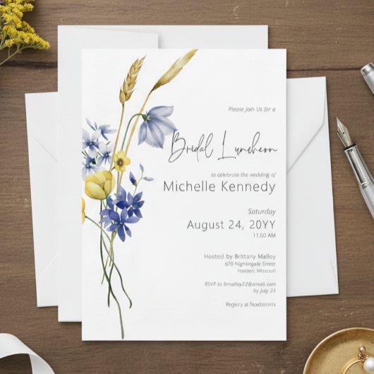 Modern Blue & Yellow Wildflowers Bridal Luncheon 招待状