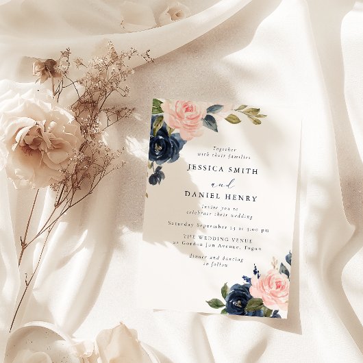 Modern Blush and Navy Florals Wedding 招待状