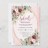 Modern Blush Burgundy Gold Floral Sweet Sixteen  招待状 (正面)