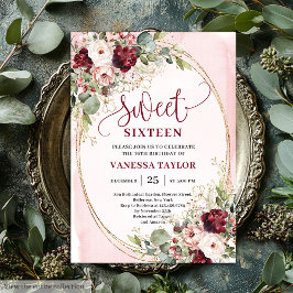 Modern Blush Burgundy Gold Floral Sweet Sixteen  招待状