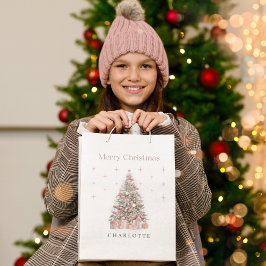 Modern Blush Christmas Tree Personalized Gift Bag ミディアムペーパーバッグ