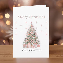 Modern Blush Christmas Tree – Personalized Holiday カード