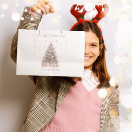 Modern Blush Christmas Tree Personalized Holiday  ラージペーパーバッグ