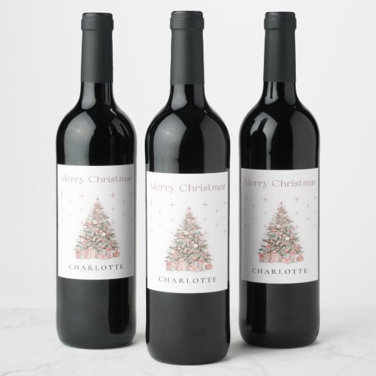 Modern Blush Christmas Tree Wine Label ワインラベル (ボトル)