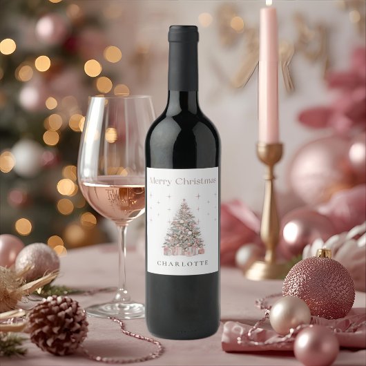 Modern Blush Christmas Tree Wine Label ワインラベル
