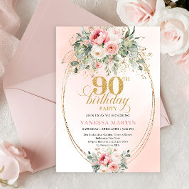 Modern Blush Floral Gold Minimal 90th Birthday  招待状