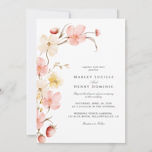 Modern Blush Floral QR Code All In One Wedding 招待状 (正面)