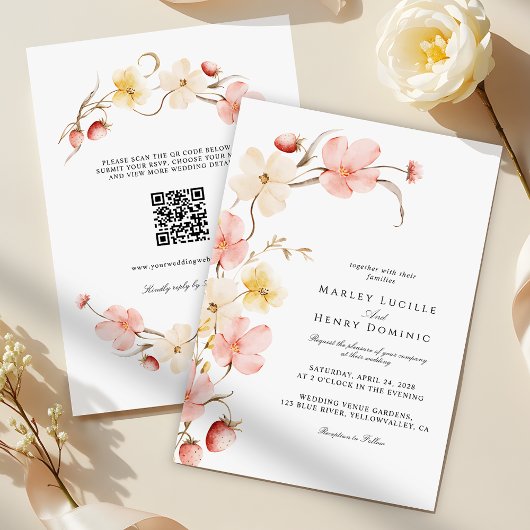 Modern Blush Floral QR Code All In One Wedding 招待状
