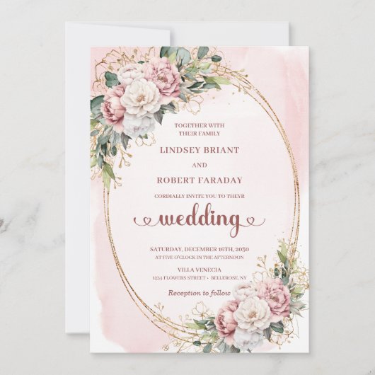 Modern Blush Floral Rose Gold Wedding Invitation 招待状 (正面)